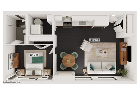 Floor plan for 1 bed, 1 bath, 571 sqft